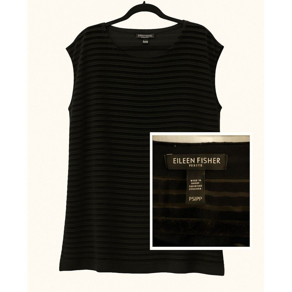 Eileen Fisher Petite Black Burnout Stripe Top | PS/PP Sleeveless Minimalist